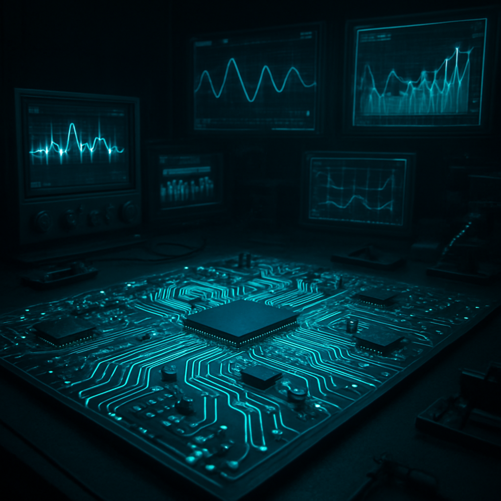 ElectroXplore engineering research lab with PCB circuits and holographic displays